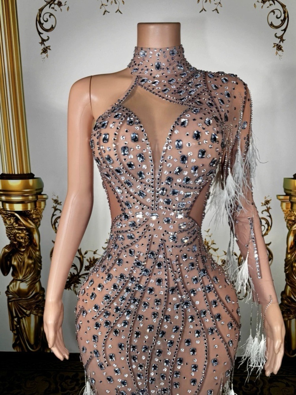 Nude Illusion Crystal & White Feather One-Shoulder Gown